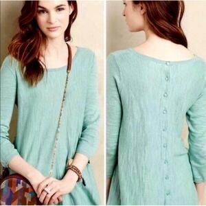 Anthropologie Moth S Green Flare Sweater Button Back Green 3/4 Sleeve Knit Scoop